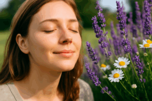 Woman smelling fresh lavender and daisies during summer and not worried about allergies