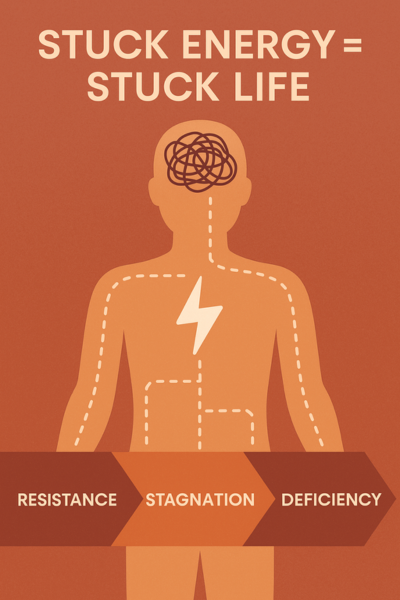 Infographic showing a human figure with blocked acupuncture pathways, a lightning bolt in the chest, and arrows illustrating the progression from resistance to stagnation to deficiency.