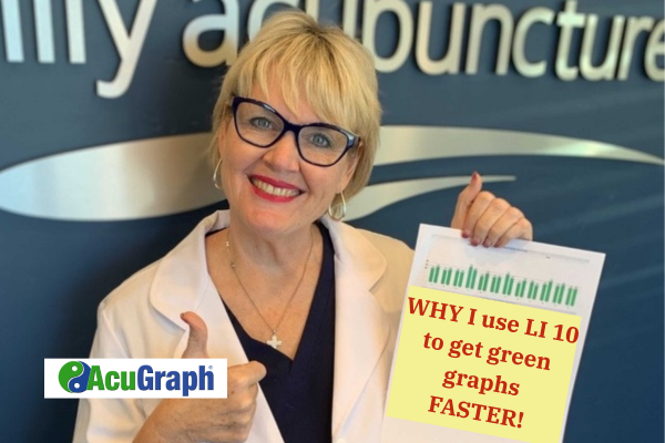 Dr. Kimberly Thompson holding an AcuGraph report showing an all green exam that says, "Why I use LI 10 to get green graphs faster"